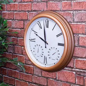 Vintage Design Garden Clock - Battery Powered Waterproof Wall Clock with Hygrometer & Thermometer - 38cm Diameter, Copper