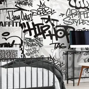 Origin Murals Mono Graffiti   - Black and White Matt Smooth Paste the Wall Mural 350cm wide x 280cm high