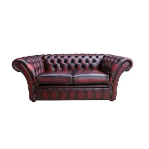 Chesterfield 2 Seater Sofa Settee Antique Oxblood Red Real Leather In Balmoral Style