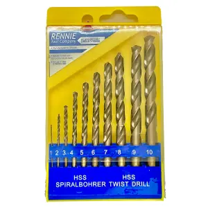 Rennie Tools 10 Piece 1-10mm HSS Cobalt Jobber Drill Bit Set For Stainless Steel, Aluminium, Hard Metals, Cast Iron Etc