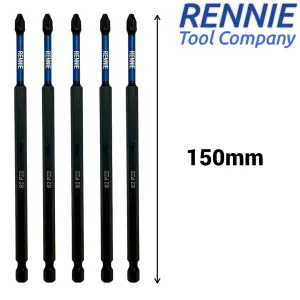 Rennie Tools 5 Pack PZ2 x 150mm Long Magnetic Impact Driver Screwdriver Bits Set Pozidriv (Pozi 2)