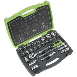 26pc PREMIUM Deep Socket & Ratchet Handle Set - 1/2" Square Drive 6 Point Metric