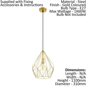 Hanging Ceiling Pendant Light Gold Wire Cage 1x 60W E27 Hallway Feature Lamp