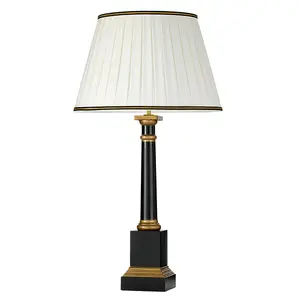 Table Lamp Black Column Ivory Box Pleat Shade with Black & Gold Trim LED E27 60w