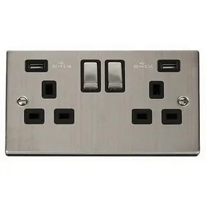 Stainless Steel 2 Gang 13A DP Ingot 2 USB Twin Double Switched Plug Socket - Black Trim - SE Home