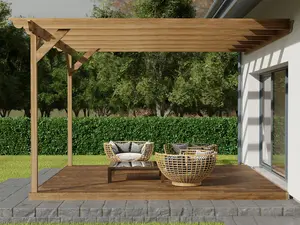 Wall mounted pergola and decking complete diy kit, Ovolo design (3m x 3m, Rustic brown finish)