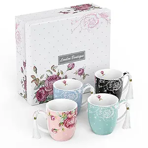 London Boutique Mugs Cups Gift Set China Mugs Set of 4 Vintage Shabby Chic Flora 4 Colours Gift for Women 350ml (Roses)