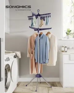 SONGMICS Clothes Airer, Clothes Drying Rack With 3 Rotatable Arms For Hangers, 4-Leg Indoor Folding Laundry Rack,  Blue And Silver