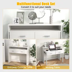 Costway 2 Drawers Extendable Writing Table Computer Desk w/ Monitor Shelf & Wheels