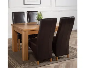 Dakota 127 x 82 cm Chunky Oak Small Dining Table and 4 Chairs Dining Set with Lola Brown Leather Chairs