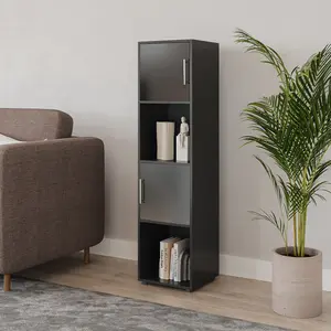 URBNLIVING 119cm Height 4 Cube Bookcase Black Wooden Door Metal Handle Display Storage Shelf