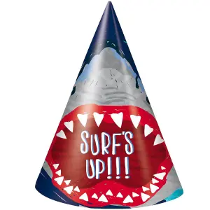 Unique Party Surfs Up Shark Party Hats (Pack of 8) Navy/Red/Grey (One Size)