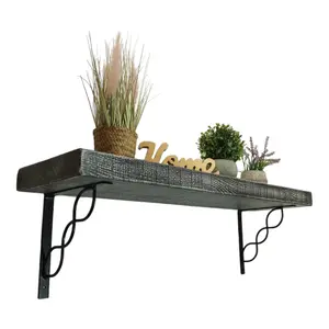 Solid Wood Handmade Rustical Shelf Monochrome 225mm 9 inch with Black Metal Bracket WPRP Length of 200cm