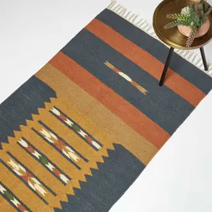 Homescapes Lundi Orange & Blue Kilim Runner Cotton & Jute Rug 66 x 200 cm