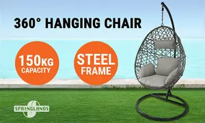 Alivio Rattan Weave Hanging Egg Chair with Cushions for Indoor Outdoor Swing Patio Garden - Grey