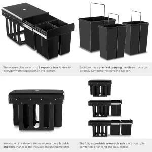 Kitchen Bin Ashlyn - 3 compartments, telescopic rails, 31L total capacity - black