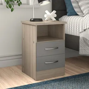 Cascio 2 Drawer Bedside Table Grey Gloss/Light Oak Effect Veneer