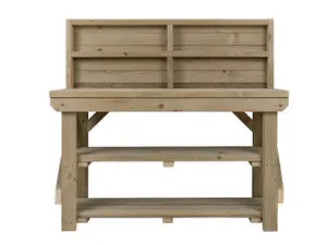 Indoor/outdoor workbench pressure treated station (H-90cm, D-64cm, L-120cm) with back panel and double shelf