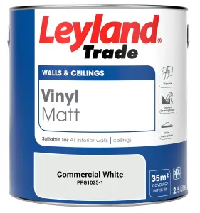 Leyland Trade Vinyl Matt Walls & Ceilings Emulsion Paint Commercial White (PPG1025-1) 2.5L