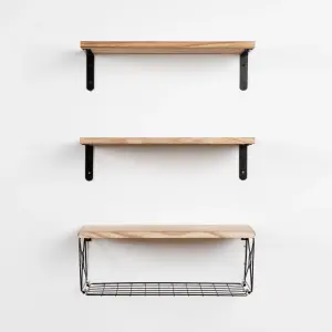 Floating Shelf Wall Mounted 3 Wood Shelves With Metal Basket