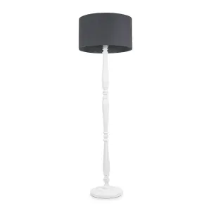 ValueLights Victoria Traditional White Wood Candlestick Floor Lamp with Charcoal Drum Shade - LED Bulb Included