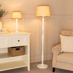 ValueLights Victoria White Wood Candlestick Floor Lamp with Linen Scallop Rust Trim Tapered Shade