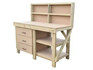 Wooden MDF top tool cabinet workbench with storage shelf (V.7) (H-90cm, D-70cm, L-210cm) with back panel and double shelf