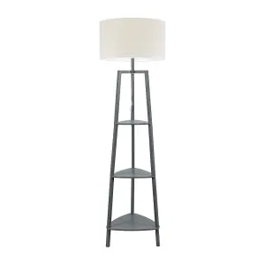 ValueLights Hiru Grey 3 Tier Shelved Wooden Floor Lamp with Linen White Trim Shade and Bulb