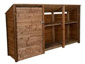 Wooden tool and log store (roof sloping back), garden storage with shelf W-335cm, H-180cm, D-88cm - brown finish