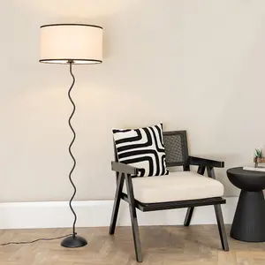 ValueLights Wiggle Black Metal Single Stem Floor Lamp with Linen Black Trim Drum Shade and LED Bulb