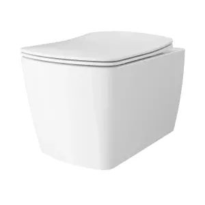 GoodHome Levanna White Rimless Wall hung Square Toilet pan with Soft close seat