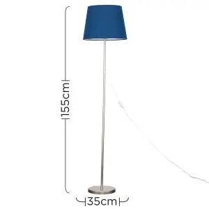 ValueLights Modern Floor Lamp In Brushed Chrome Metal Finish With Navy Blue Shade