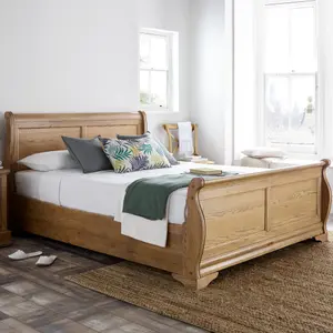 French Style Bordeaux Oak Wooden Sleigh Bed - Double 4ft6 Bed Frame Only