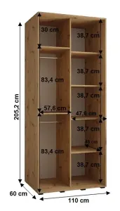 Sapporo II - Oak Artisan Mirrored Sliding Door Wardrobe - Compact Storage for Modern Living (H)2050mm (W)1100mm (D)600mm