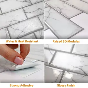 Walplus White Marble Eclectic 3D Tile Stickers Multipack 24pcs