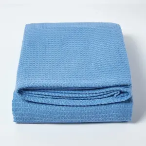 Homescapes Organic Cotton Waffle Blanket/ Throw Blue, 178 x 228 cm