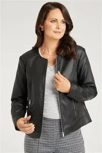 Bonmarche Black Faux Leather Collarless Jacket, Size: 18