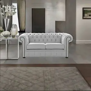 Chesterfield 2 Seater Shelly Silver Grey Leather Sofa Settee Bespoke In Classic Style