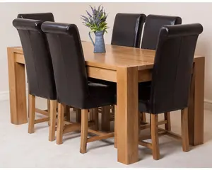 Kuba 180 x 90 cm Chunky Oak Dining Table and 6 Chairs Dining Set with Washington Brown Leather Chairs