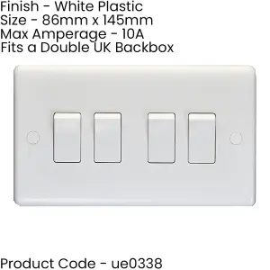 4 Gang Quad 10A Light Switch 2 Way - WHITE PLASTIC Wall Plate Outlet Rocker