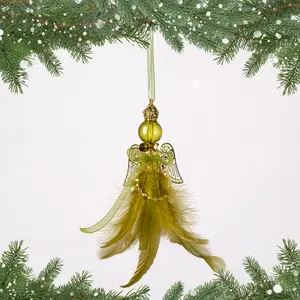 Acrylic Crystal Angel with Feather Hanging Figurine Ornament Green/Gold / 12cm H x 6cm W x 5cm D