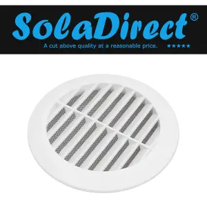 White Louvred Wall Vent Grille with Flyscreen for 125 mm / 5" Round Wall Outlet - Air Ventilation Duct Cover with Flange