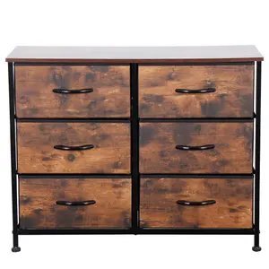 Wooden Effect Chest Of Drawers With Metal Frame, 6 Large Deep Fabric Drawers Organiser Storage