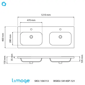 5414 Ceramic 120cm x 45cm Mid-Edge Double Inset Basin with Oval Bowl