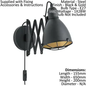 LED Wall Light / Sconce Black & Gold Adjustable Round Shade 1 x 28W E27 Bulb