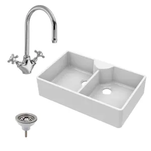 895mm - Double Bowl Fireclay Butler Kitchen Sink -  Stepped Weir, Mixer Tap & Wastes