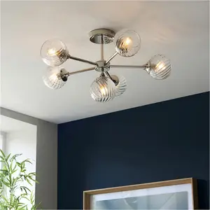 Bright Nickel Semi Flush Low Ceiling Light - Clear Spiral Multi Arm Glass - 6 X 7W LED E14