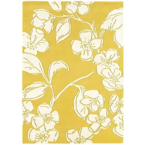 Yellow Easy to Clean Floral Handmade Modern Wool Rug for Living Room, Bedroom - 200cm X 300cm