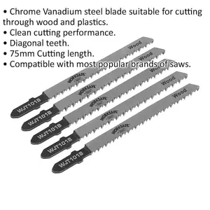 5-Pack 75mm Chrome Vanadium Jigsaw Blades for Wood and Plastic Cutting - 10 TPI