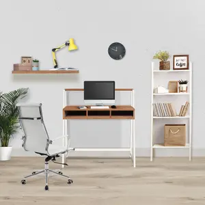 Nautilus Designs Walnut Computer Desk with White Frame & Upper Storage Shelf